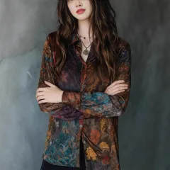 Womens Retro Floral Print Painted Design Shirt - Floral - View 1
