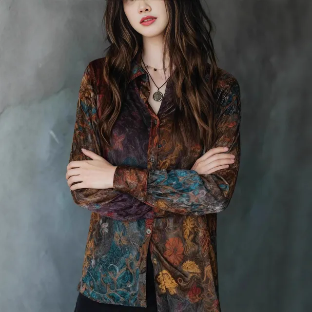 Womens Retro Floral Print Painted Design Shirt Floral - Shop at LoveMi