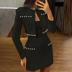 Long Sleeve Jacket Slim Fit Tube Top Dress - Black Coat - View 1