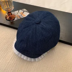 Lace Denim Beret Women's Spring And Summer Japanese-style Retro - Dark Blue - View 1