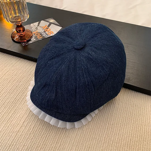 Lace Denim Beret Women's Spring And Summer Japanese style Retro Dark Blue - Shop at LoveMi