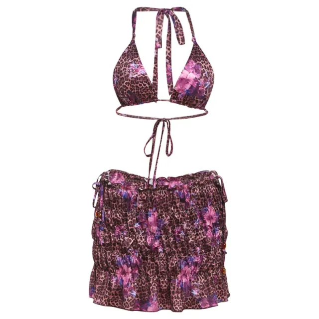 Summer New Sexy Printed Lace Up Bikini Skirt Seaside Three piece Suit Purple - Shop at LoveMi