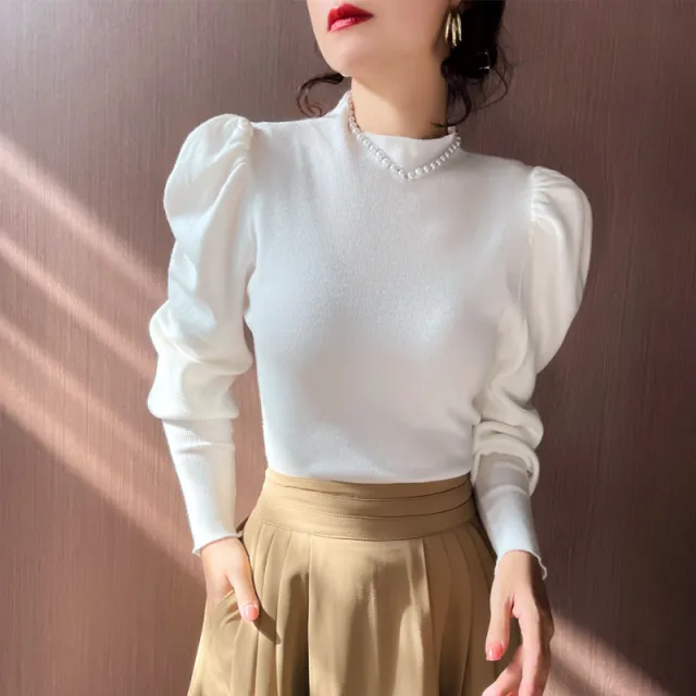 Knitwear Bottoming Slim Puff Sleeve Pullover Wool Tops White - Shop at LoveMi