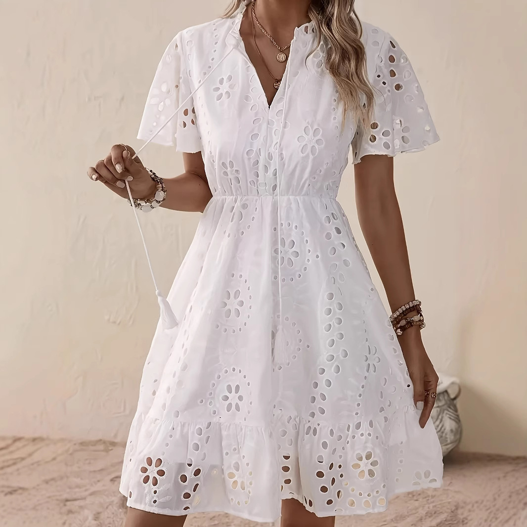 Women's Elegant White V-neck Lace Embroidery Summer Dress