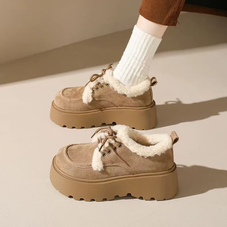 Fleece-lined, Thick Cotton Shoes With A Chunky Sole