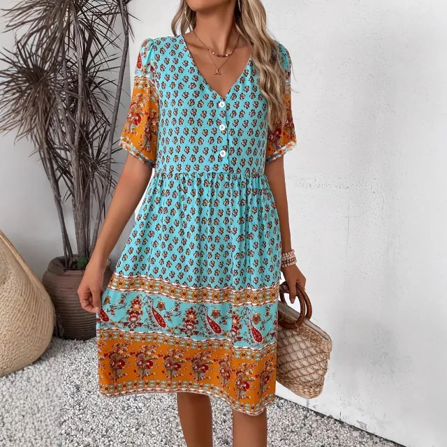 Women V neck Short Sleeve Bohemian Print Dress Lake Blue - Shop at LoveMi