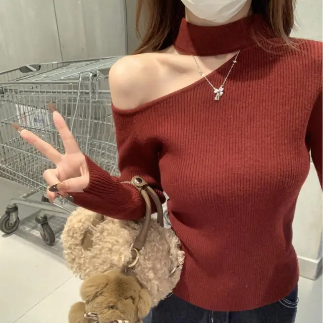 Autumn And Winter Solid Color Slant Shoulder Bottoming Sweater Red - Shop at LoveMi