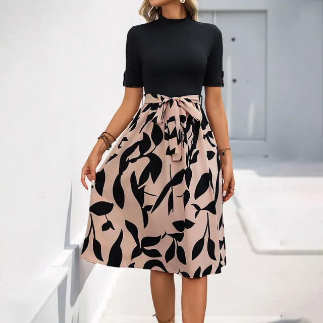 Printed AB Stitching Short Sleeve Lace up A Line Skirt Khaki - Shop at LoveMi