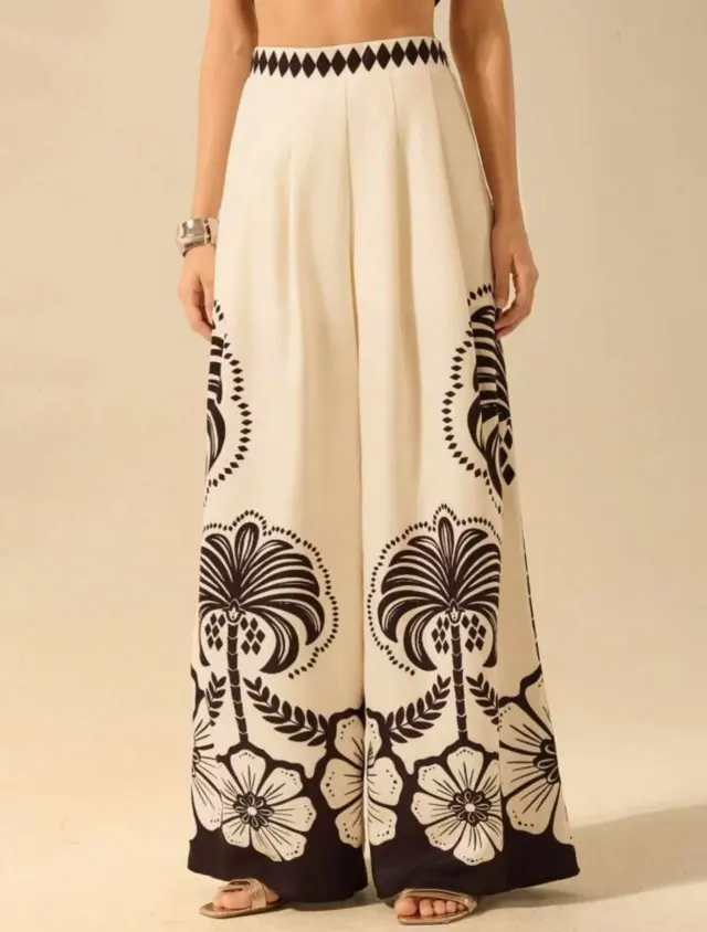 Women's Printed Casual Loose High Waist Wide Leg Pants White And Black Flowers - Shop at LoveMi