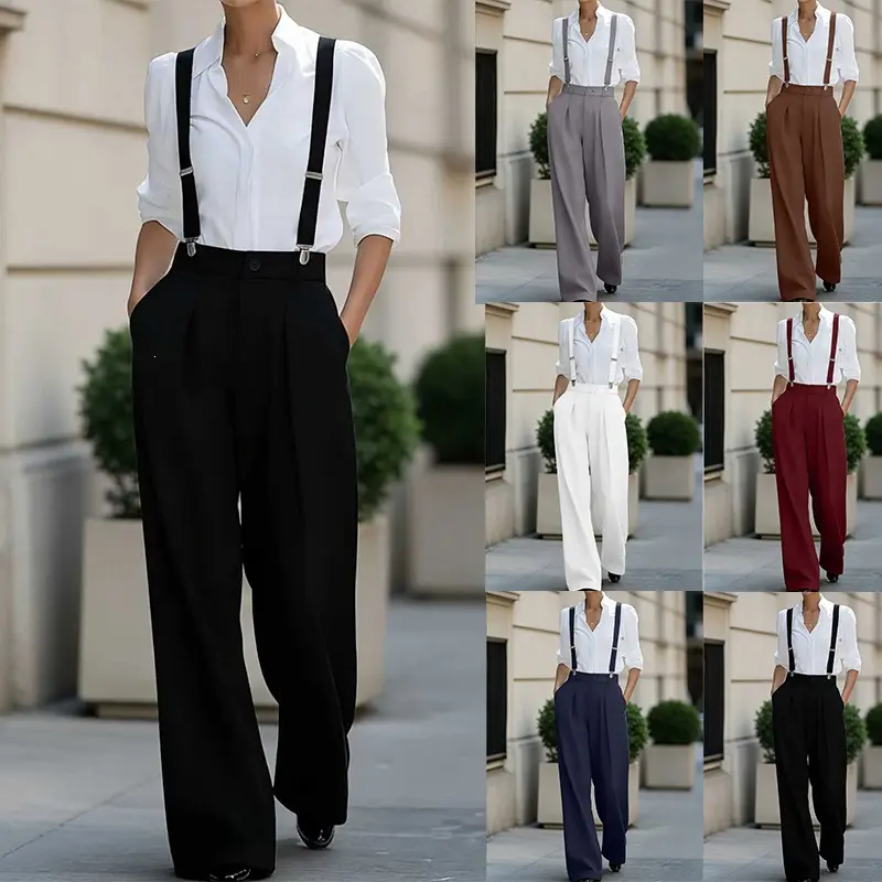 Womens Solid-color Casual Elastic Non-slip Suspender Pants