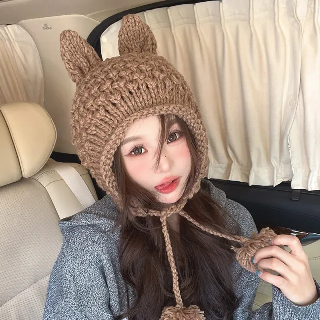 Thermal Knitting Cute Rabbit Ear Hat Khaki - Shop at LoveMi