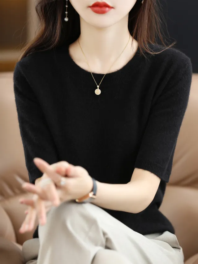 Knitted Short Sleeve Loose T shirt Inner Wear Sweater Non cashmere Bottoming Shirt Black - Shop at LoveMi