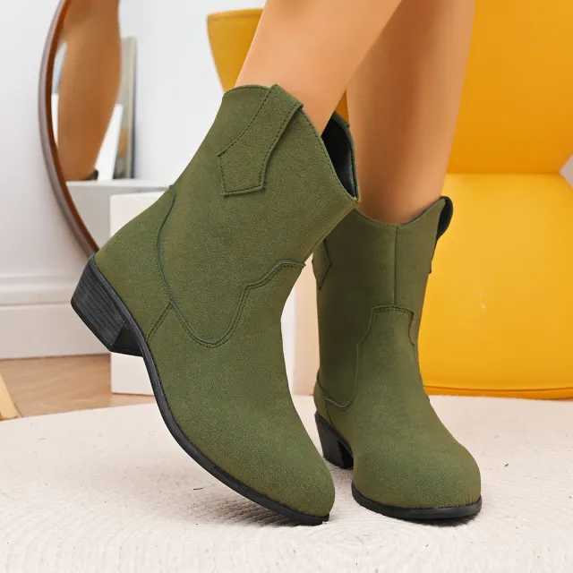 New Pointed British Style Mid Heel Boots Olive - Shop at LoveMi