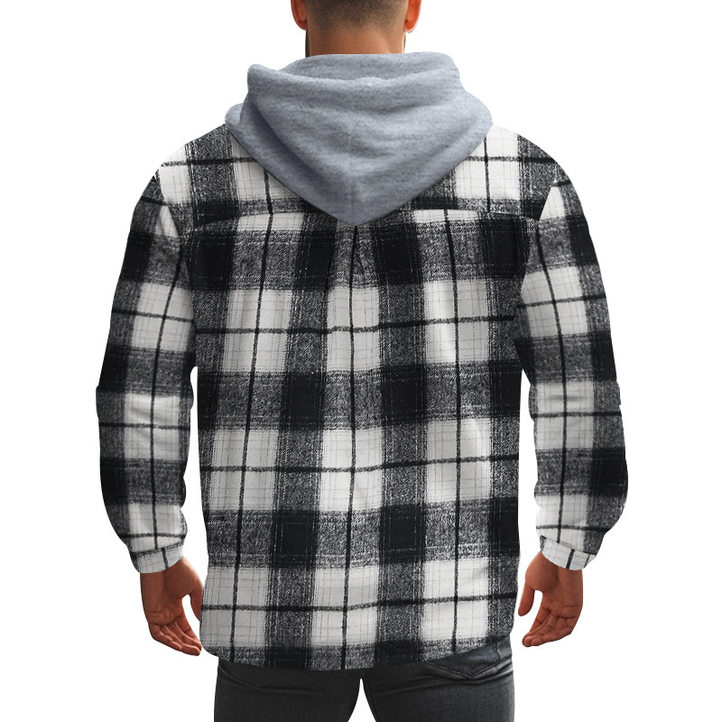 Men Flap Pocket Drawstring Hooded Plaid Shirt