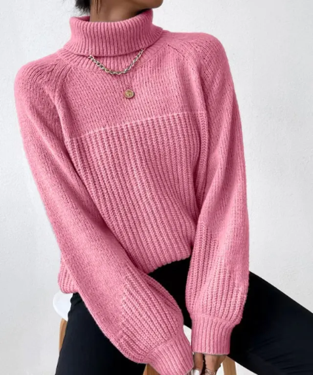 Simple Lapel Raglan Sleeves Pullover Knitted Sweater Women Pink - Shop at LoveMi
