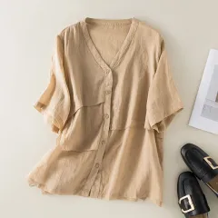 Artistic Retro Loose Slimming Cotton And Linen Top - Khaki - View 1