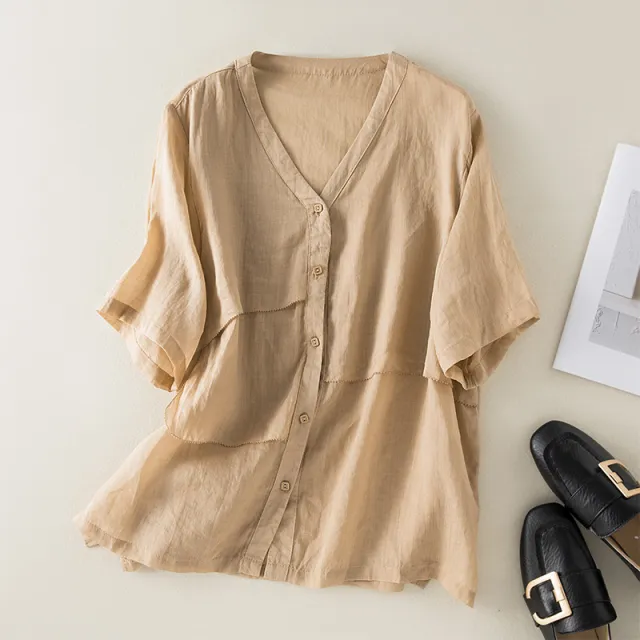 Artistic Retro Loose Slimming Cotton And Linen Top Khaki - Shop at LoveMi