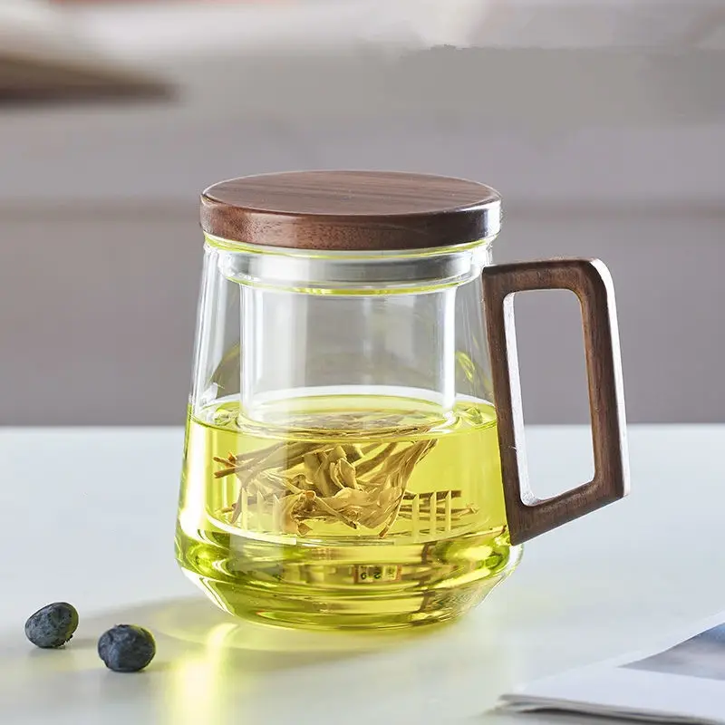 Wooden Handle High Borosilicate Transparent Glass Tea Cup