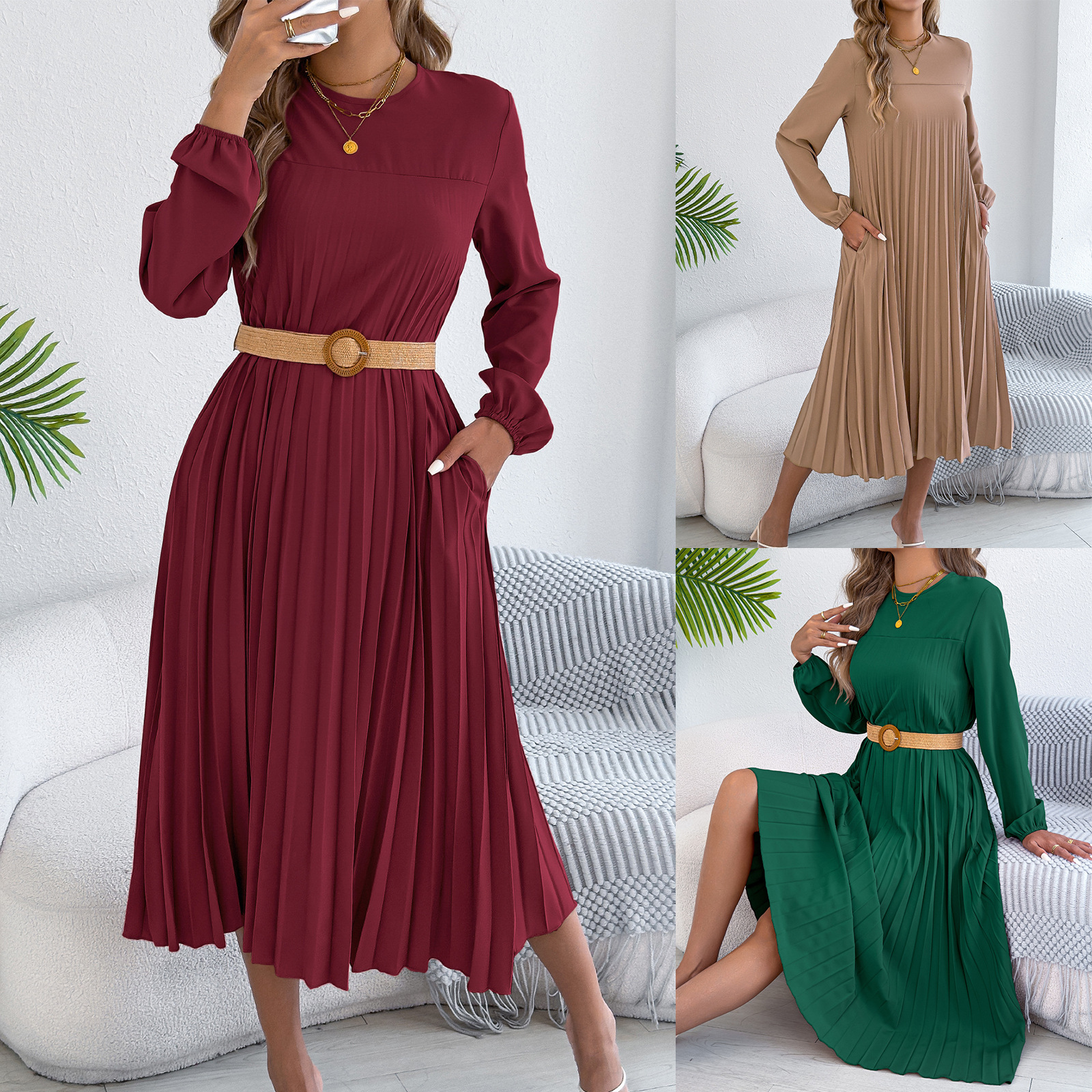 Casual Solid-color Long-sleeve Pocket Pleated Dress