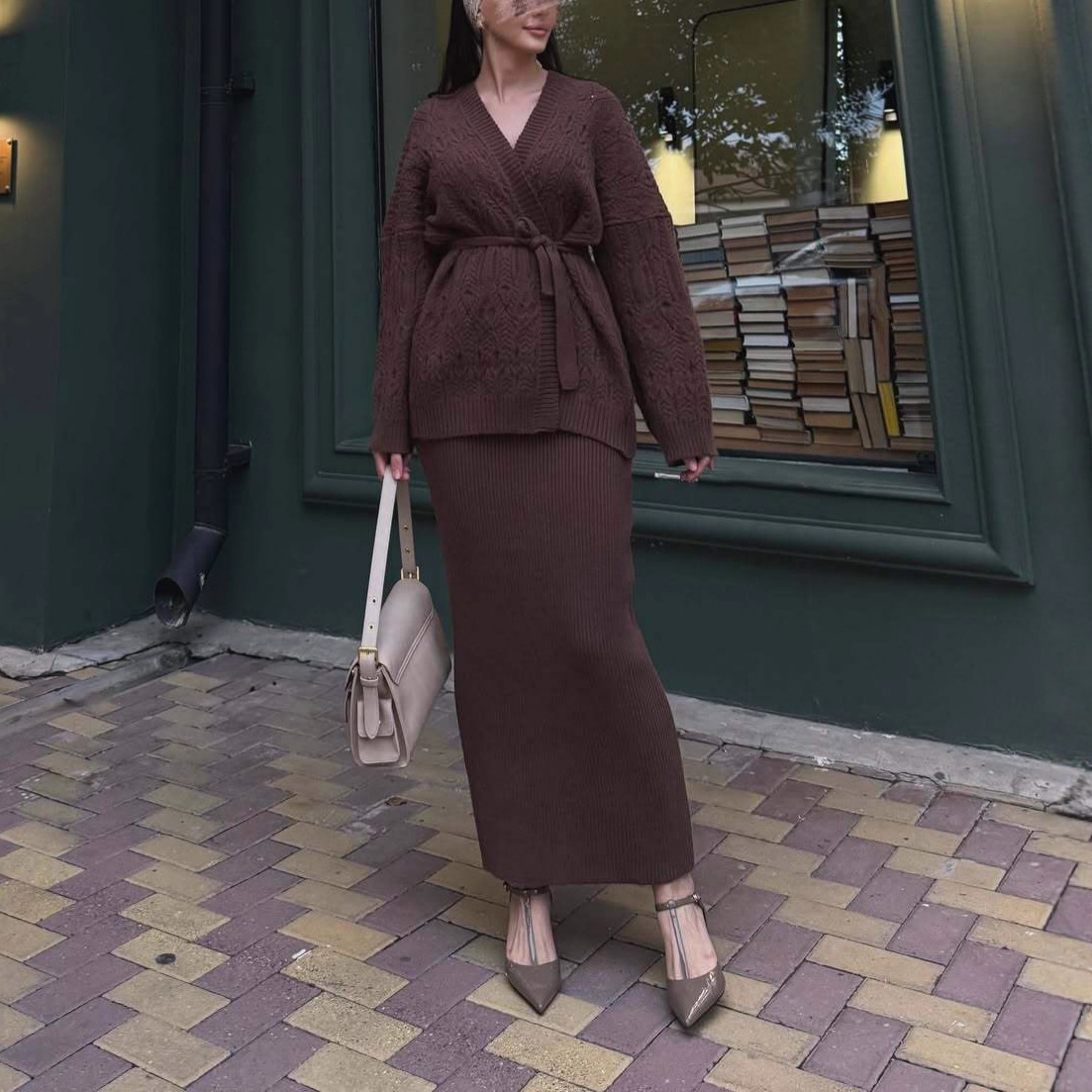 V-neck Cardigan With Tie Details, A Loose-fitting, Versatile Knit Sweater Dress Set