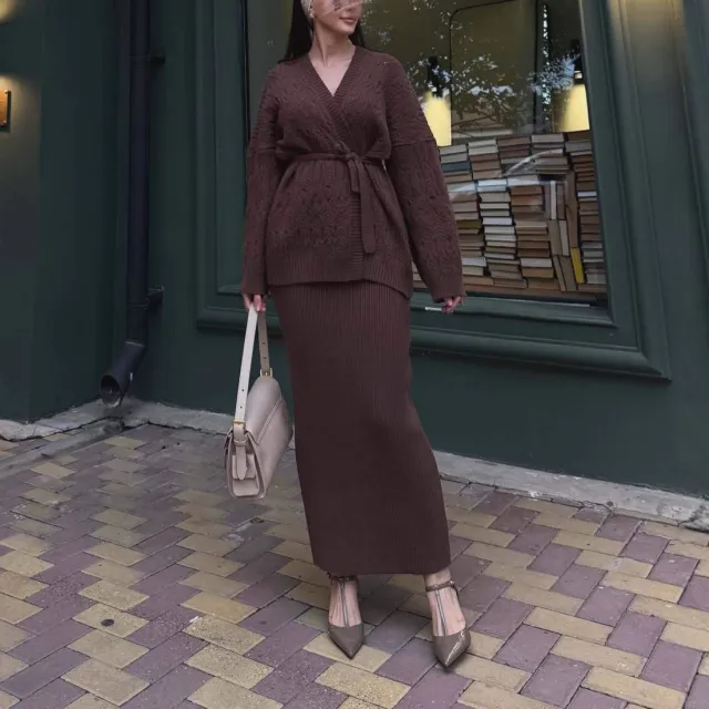 V neck Cardigan With Tie Details, A Loose fitting, Versatile Knit Sweater Dress Set Brown - Shop at LoveMi