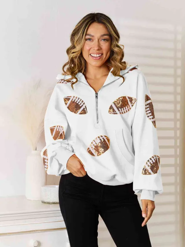 Rugby Sequined Hooded Sweater Zipper Drawstring Long Sleeve Coat Top White - Shop at LoveMi