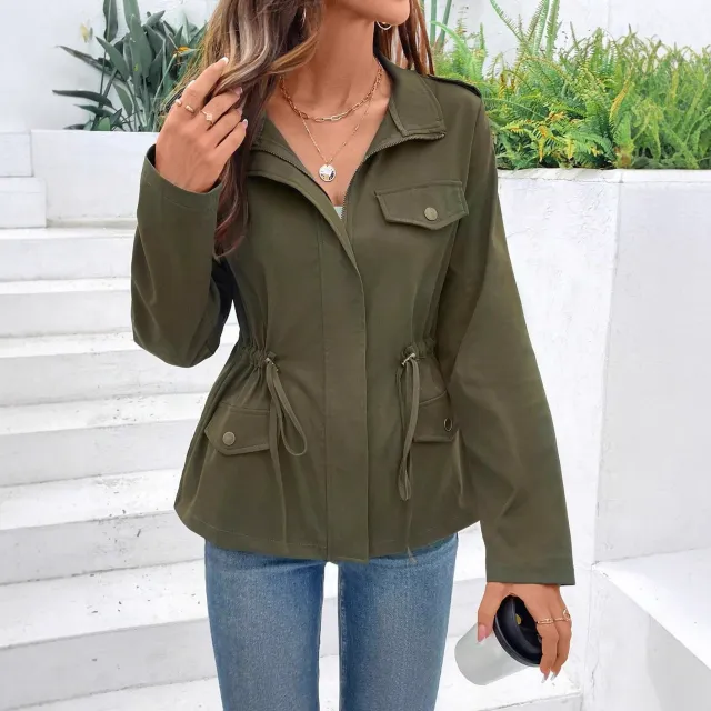 Solid Color Long Sleeve Casual Drawstring Waist Jacket Women Army Green - Shop at LoveMi