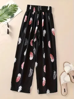 Casual Flower Pants Spring And Summer Thin High Waist Slimming Ice Silk Elastic Floral Straight - Black - View 1