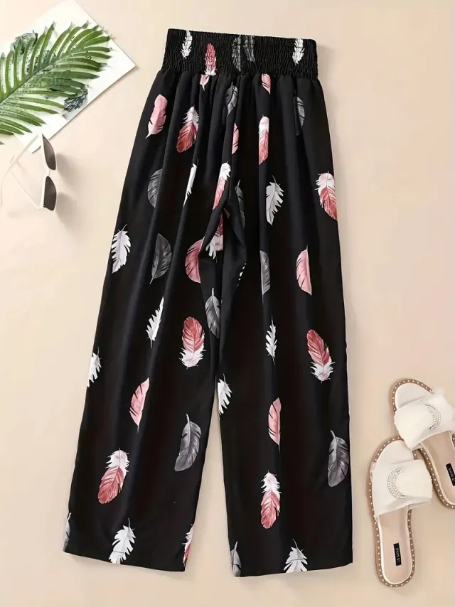 Casual Flower Pants Spring And Summer Thin High Waist Slimming Ice Silk Elastic Floral Straight Black - Shop at LoveMi
