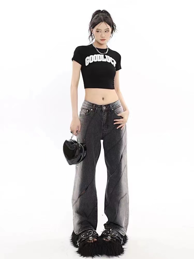 Title 1, Chaopai Worn-out Hole Straight High Waist Denim...