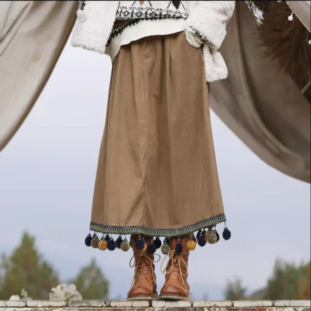 Corduroy Ethnic Style Fur Ball Stitching Brown High Waist Tassel Versatile Midi Skirt Coffee Color - Shop at LoveMi