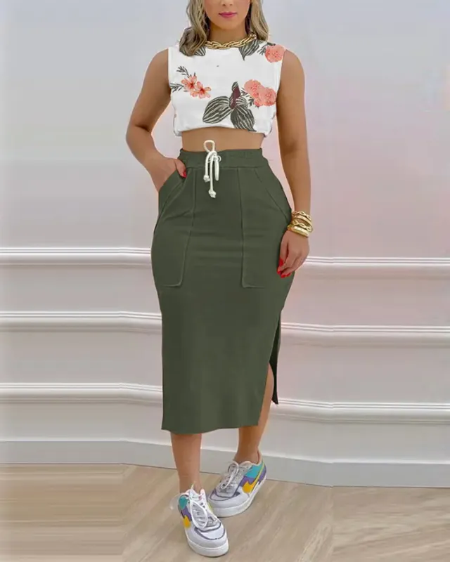 Fashion Casual Urban Leisure Women's Clothing Skirts Suit Flowers With Army Green - Shop at LoveMi