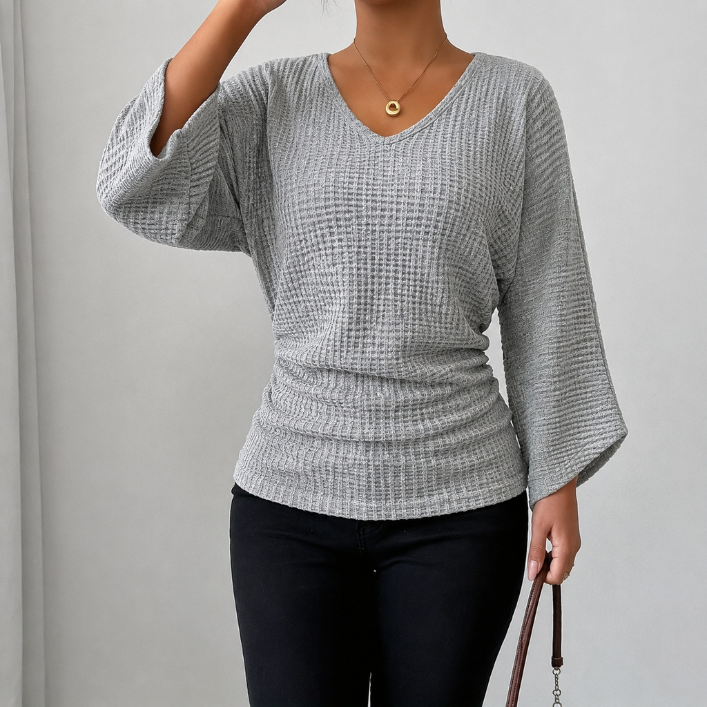 Winter-wear Fitted Waffle-knit Top With Flared Sleeves