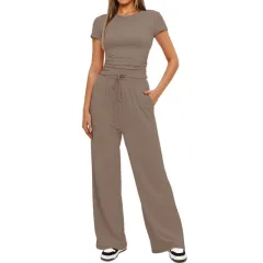 Fashion Casual Set Pleated Short Sleeves Top And Trousers - Light Coffee - View 1