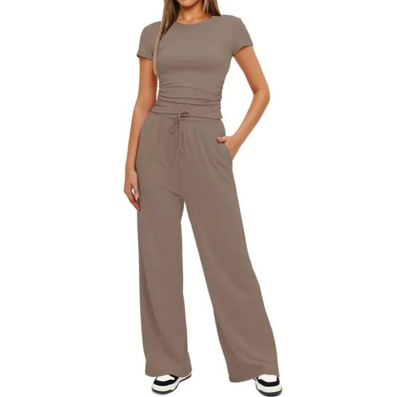 Fashion Casual Set Pleated Short Sleeves Top And Trousers - Light Coffee