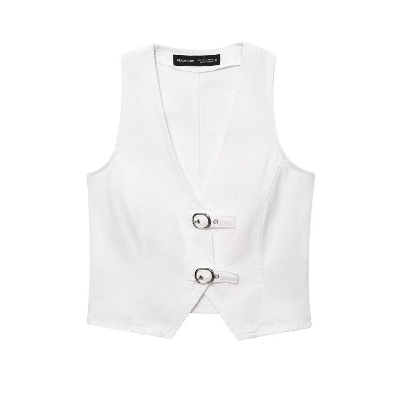 Women's Buckle Decoration Denim Casual Vest Shorts Top S - Shop at LoveMi