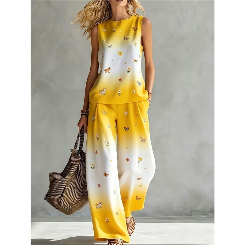 New-style Rainbow Tie-dye Sleeveless Crew-neck Top And Wide-leg Pants Womens Casual Two-piece Set