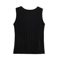 Pleated Sleeveless T-shirt Straight-leg Pants - Black Top - View 1