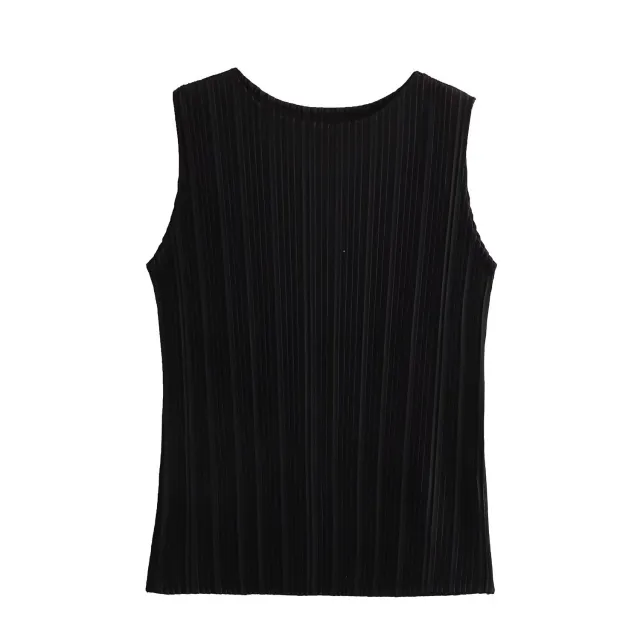 Pleated Sleeveless T shirt Straight leg Pants Black Top - Shop at LoveMi