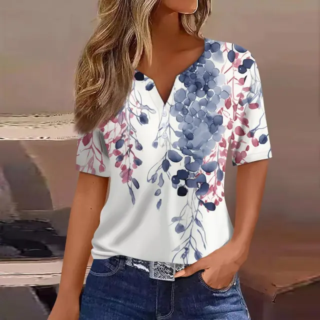 Women's Striped Gradient Flower Print Three button V neck Short Sleeve Jyq47101503 Xl - Shop at LoveMi