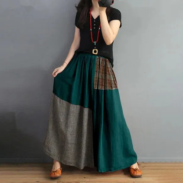 Retro Artistic Style Loose Elastic Waist Color Matching Cotton And Linen Skirt Slimming A Line Skirt Green - Shop at LoveMi