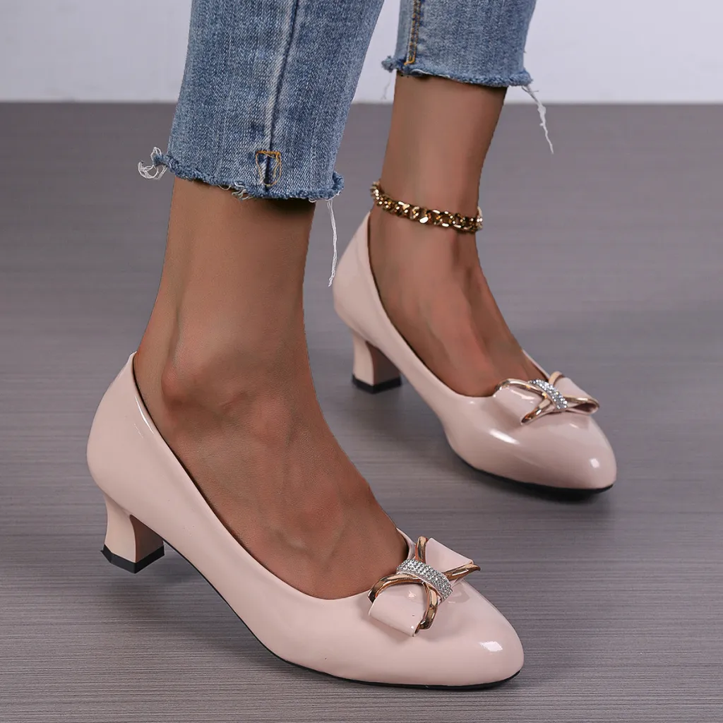 New Bow High Heel Low-cut Pumps Korean Style Pointed Women - Apricot