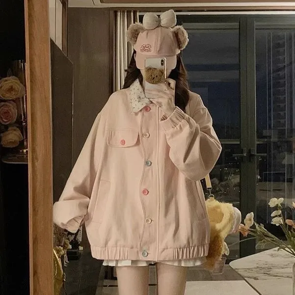 Spring And Autumn Women's Dopamine Sweet Niche Floral Lapel Jacket Coat - Pink Floral Collar