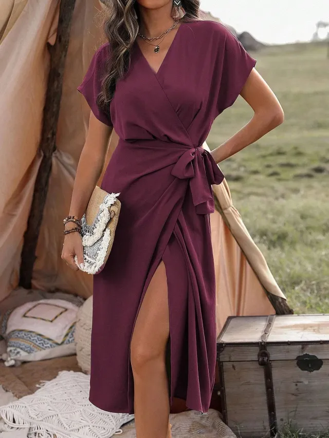 Commuting Fashion Forged Split Women's Solid Color Wrap Suspender Dress Dark Red - Shop at LoveMi
