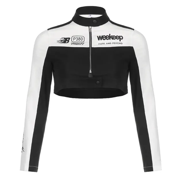 Motorcycle Color Matching Printed Zipper Short Coat For Women Black And White - Shop at LoveMi