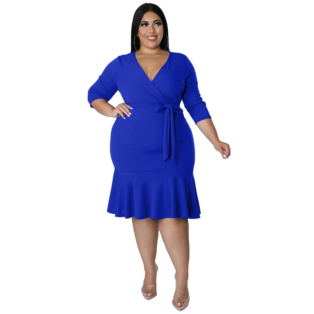 Sexy V Neck Lace Up Bodycon Dress With Ruffled Hem Plus Size Women's Wear Blue - Shop at LoveMi