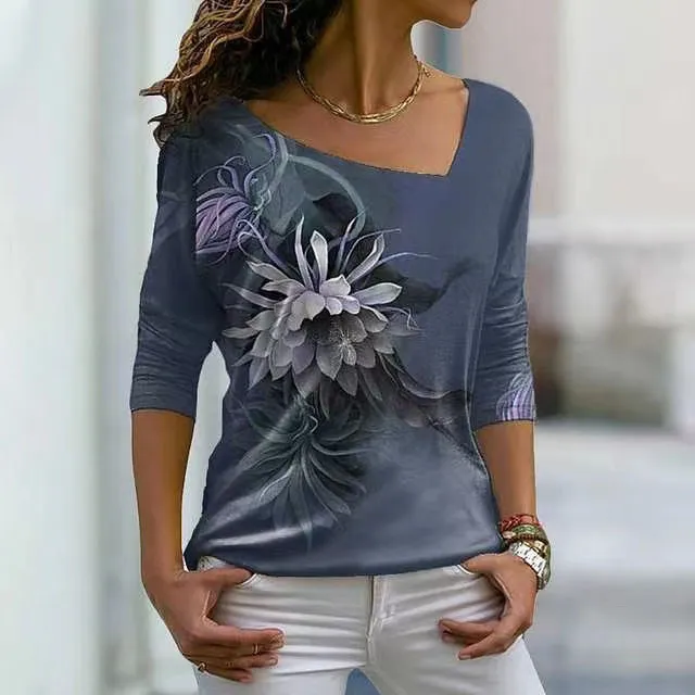 V-neck Long-sleeved Printed Top - Light Blue