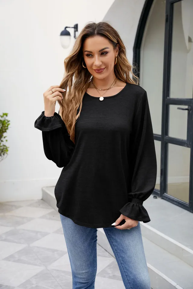Autumn And Winter New Solid Color Round Neck Loose Long sleeved T shirt Black - Shop at LoveMi