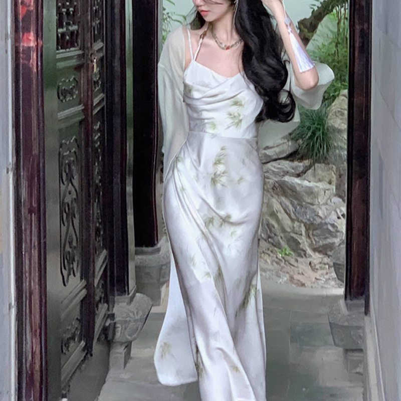 Women's Summer Vintage Print Gentle Slip Dress Green Jade Bamboo - Shop at LoveMi