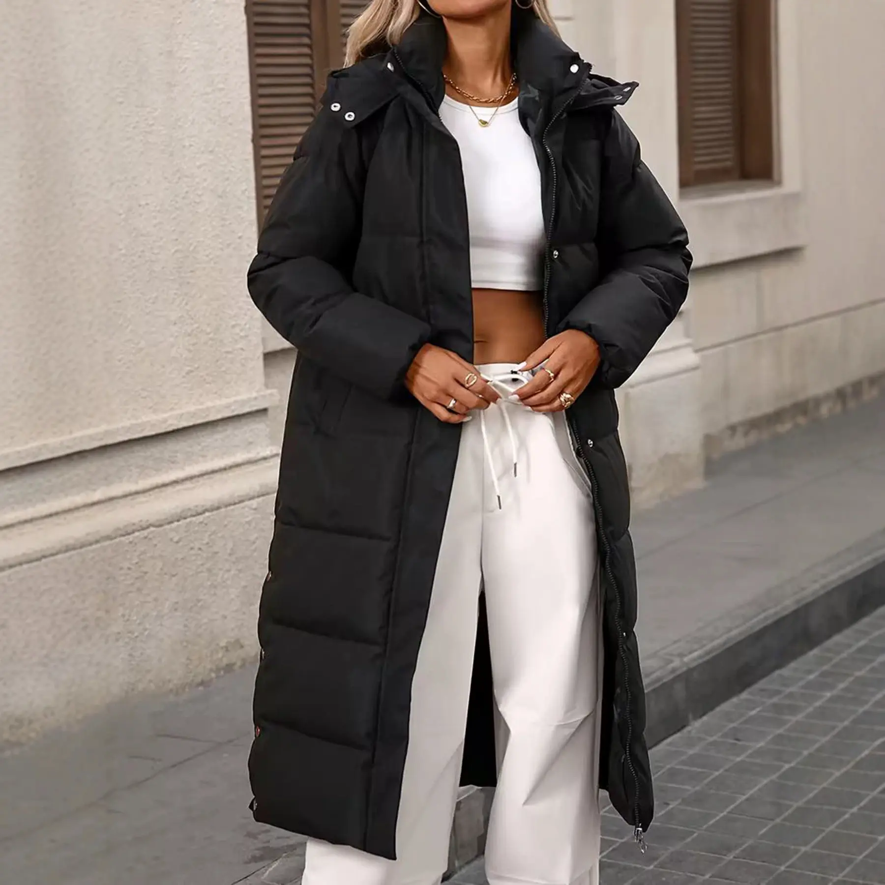 Black Long-length Hooded Thickened Cotton Coat